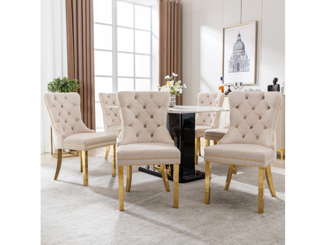 Sillas de Comedor (6 Unidades) con Tiradores Únicos, Sillones Tapizados y Patas Doradas, Estilo Terciopelo Beige y Dorado, para Sala y Recámara.