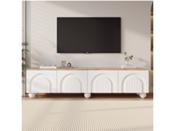 Mueble Para Tv, 4 Puertas, 180x40x45 Cm, 6 Patas De Metal Esférico, Para Tv De 80 Pulgadas, Blanco Y Madera