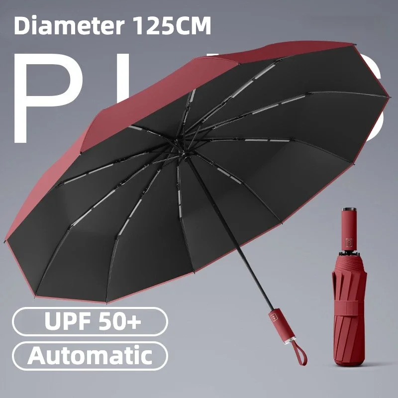 (rojo, 10k) Paraguas Plegable Automático Grande De 125 Cm, Resistente Al Viento, Con Protección Solar Upf50+ Y Protección Uv.