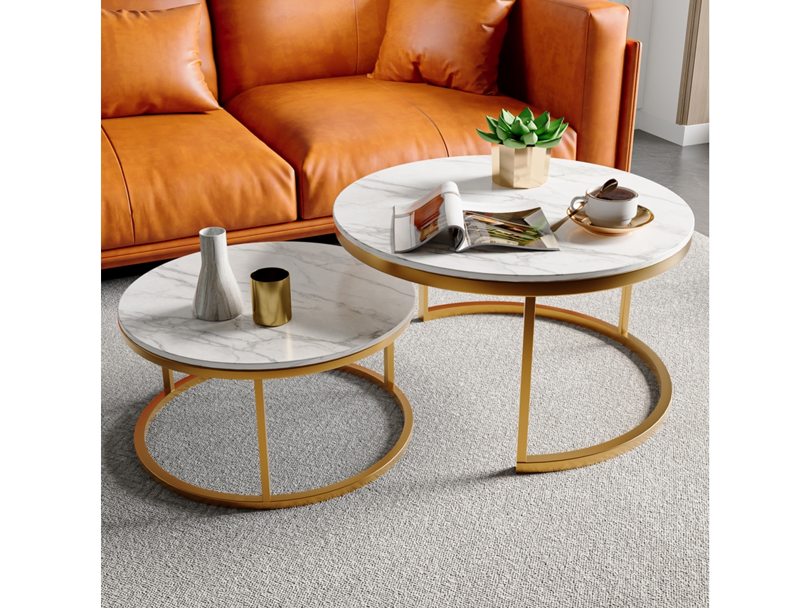 Juego De 2 Mesas De Centro Redondas Apilables, Estructura De Metal Dorado, Tablero Con Efecto Madera, Diseño Moderno Y Elegante Para La Sala De Estar.