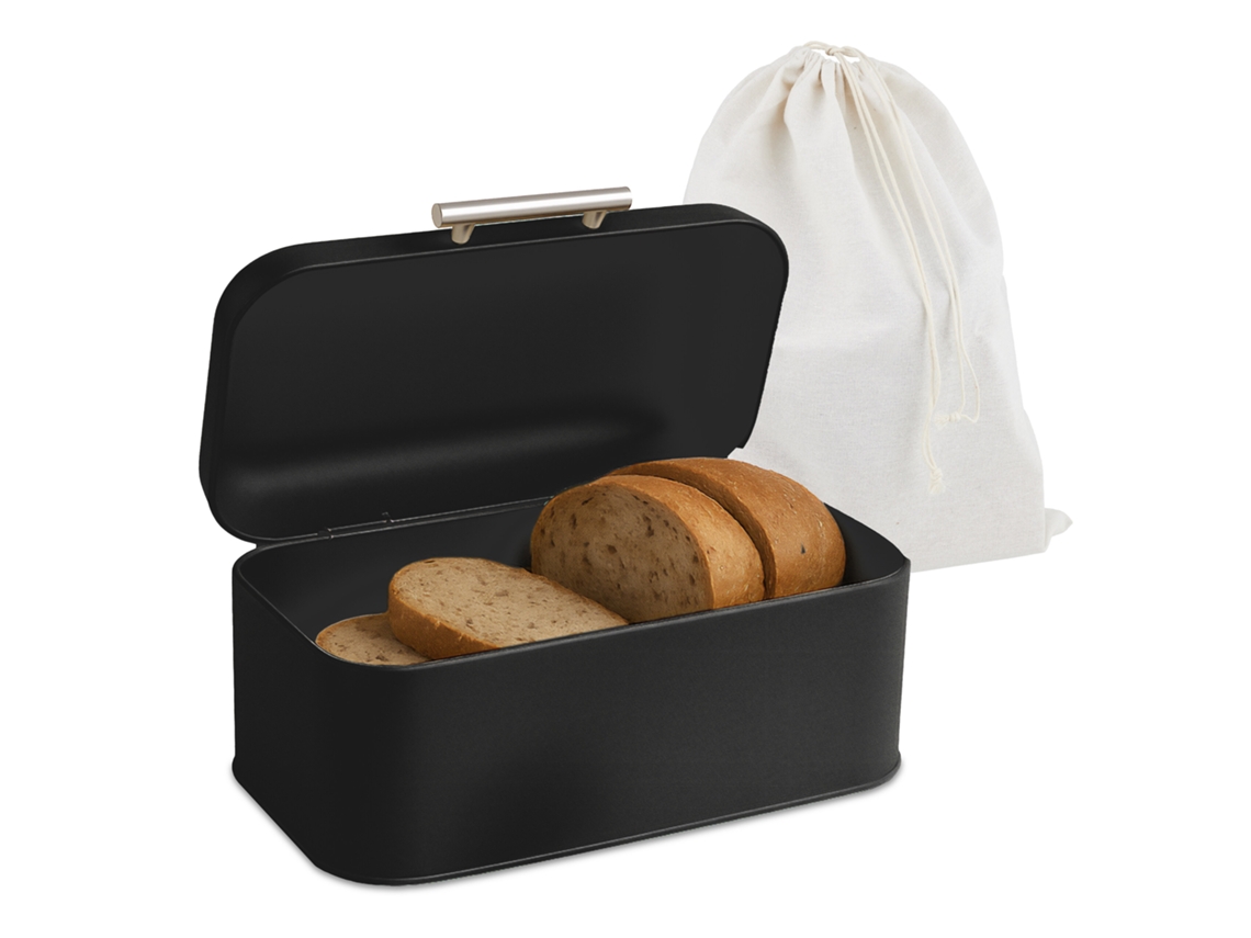 Relaxdays Panera Con Bolsa Para Pan, Caja Con Tapa Y Asa, Hbt: 15,5 X 30 X 21 Cm, Panera Retro, Metal, Negro