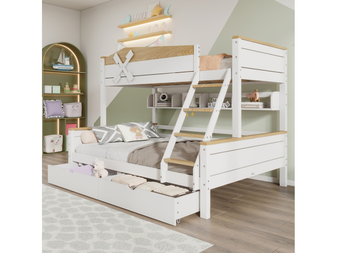 Litera de 90x200 cm y 140x200 cm con escalera, estantes y 2 cajones en madera de pino y MDF estilo blanco