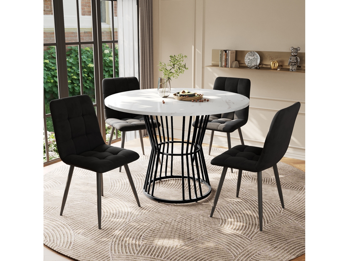 Juego De Comedor 5 Piezas, Mesa Redonda Ø100 Cm, Tablero Mdf Blanco, Patas Metálicas Negras, Sillas De Terciopelo Negro