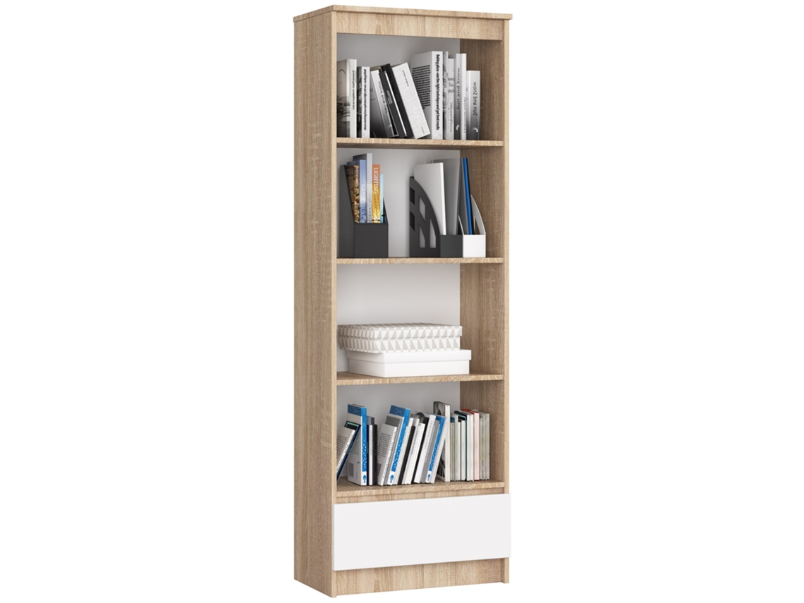 Librería Akord R60 Roble Sonoma 60 Cm 1 Cajón Frente En Color Blanco 4 Estantes 60x35x180 Cm