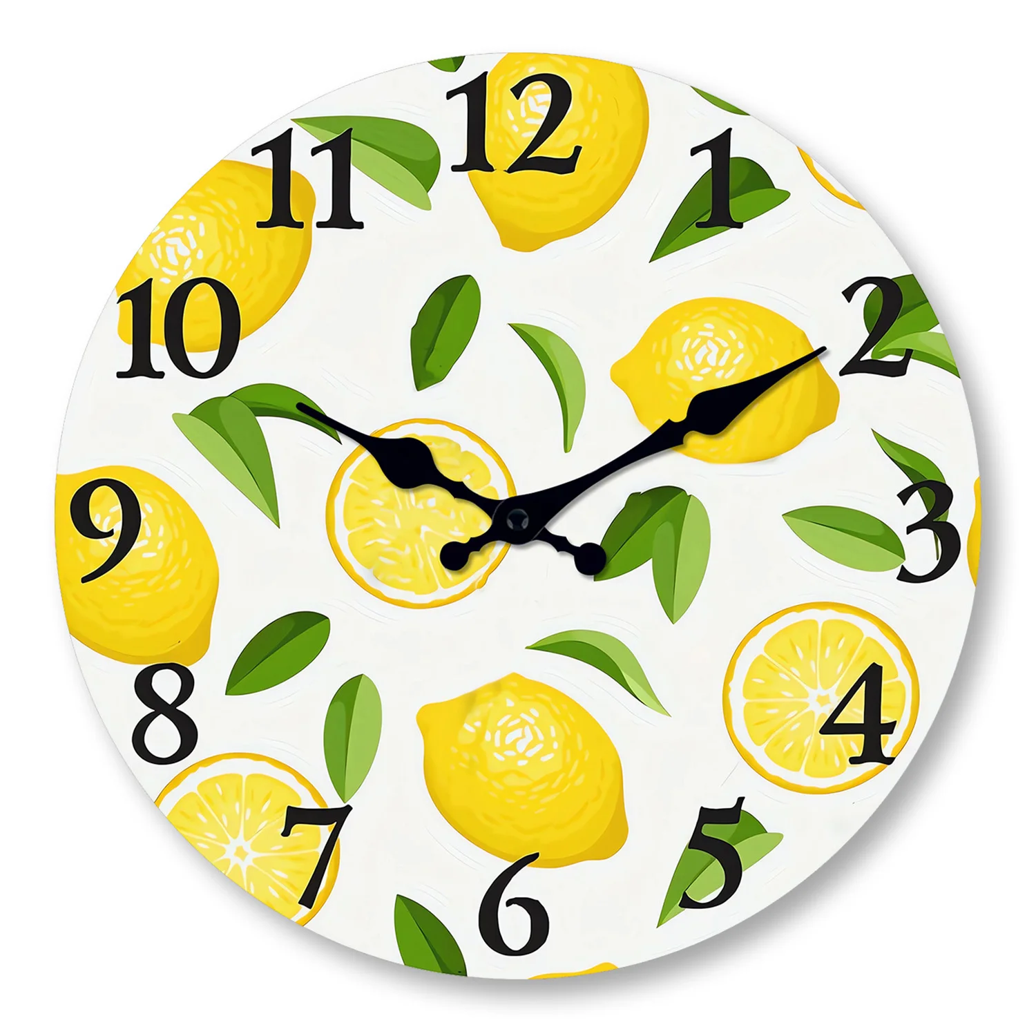 Relógio De Parede De Madeira (16 Polegadas) Com Estampa De Limão Amarelo E Folha Verde, Design Silencioso.
