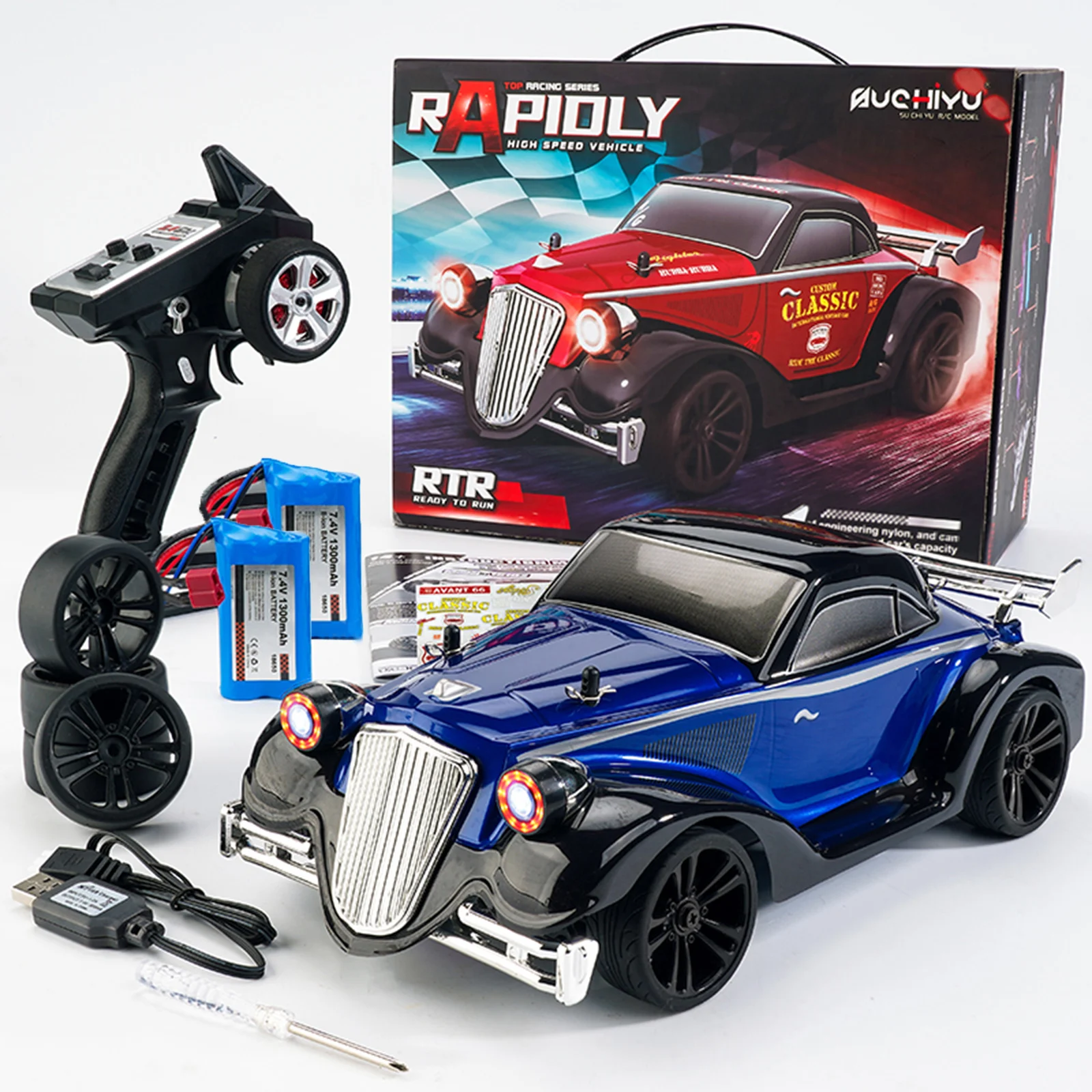 (Azul - 2 Baterías) Coche Acrobático Eléctrico 4x4 con Control Remoto, Escala 1/16, para Drifting, con Control Remoto de 2,4 GHz y Luces.