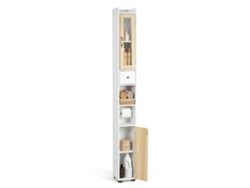 Todeco Armario De Baño Alto, Mueble Estrecho 20 X 20 X 180 Cm, Con 2 Puertas 1 Cajón Y Estante Ajustable, Puerta De Cristal
