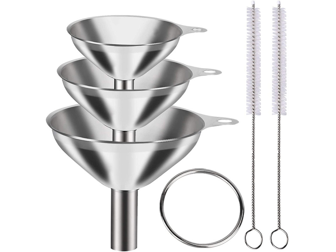 Juego de 3 embudos de acero inoxidable de varios tamaños con cepillos de limpieza - Embudos de cocina Tommy01