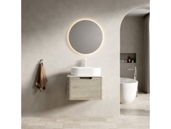 Mueble de baño suspendido de 60 cm con lavabo ovalado y cajón, color roble crema.