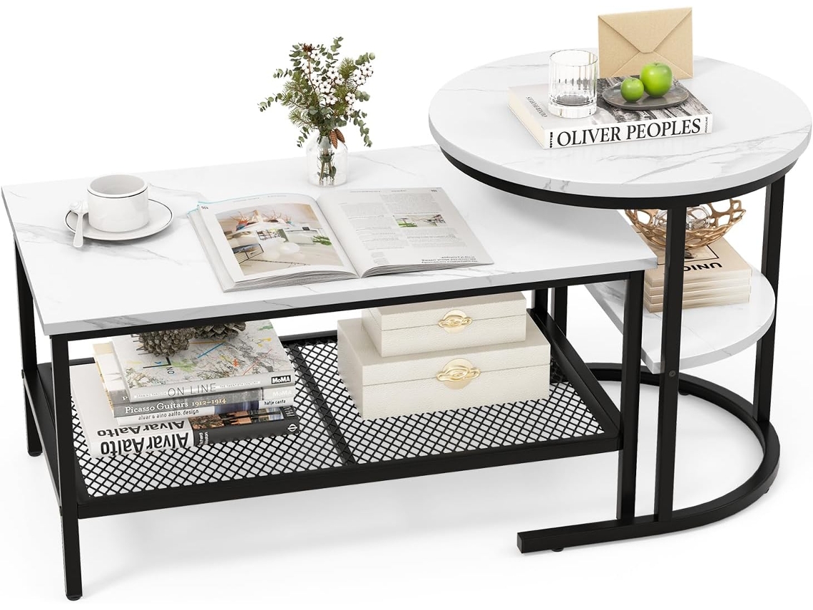 Juego de Mesa de Café 2 en 1, Mesa Redonda y Juego de Mesita Rectangular con Tapa de Mármol Sintético y Estante de Almacenamiento Adicional COSTWAY