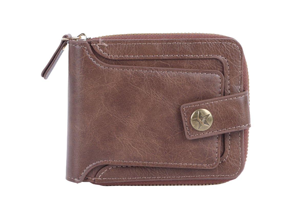 Cartera triple para hombre, de piel sintética, estilo retro, con cremallera y hebilla, con múltiples compartimentos, gran capacidad, portátil y de viaje.