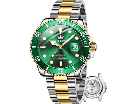 VEANXIN Reloj mecánico automático para hombre de acero inoxidable sin batería(Esfera verde dorada)