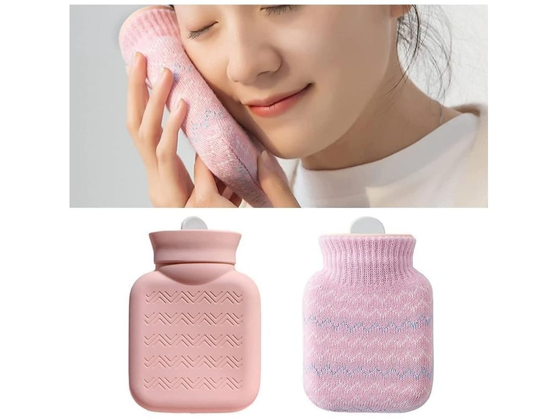 Mini bolsa de agua caliente reutilizable Rebe con funda tejida para el dormitorio, no apta para microondas, color rosa.