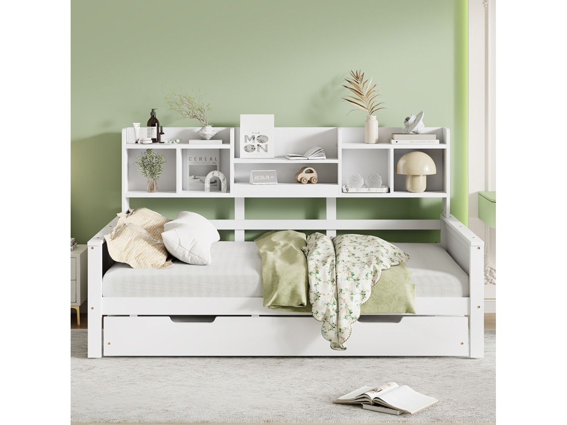 Sofá cama retráctil de 90 x 200 cm con cajón de almacenamiento, estructura de láminas, estilo madera de pino blanco.