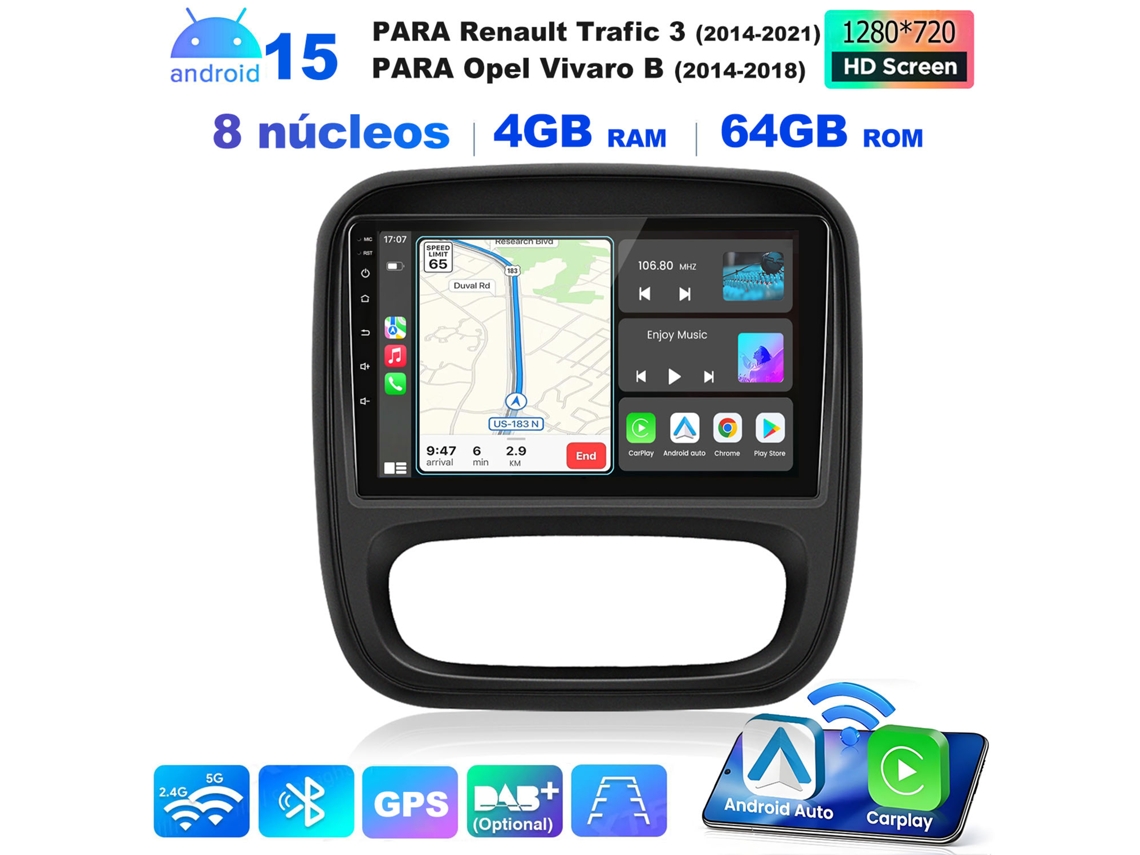 Radio de coche Hexinex para Renault Trafic III / Opel Vivaro B (2014-2021), 9 pulgadas, Android 15, 4 GB + 64 GB, GPS, Bluetooth, wifi