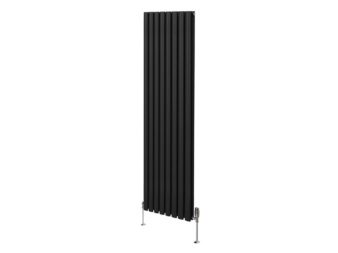 Radiador ovalado vertical de acero al carbono negro de 1800x480 mm con alto rendimiento térmico y conjunto de válvula termostática.