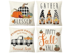 2026-46119-funda De Almohada Estampada Camión Calabaza Acción De Gracias, Set De 4, 45x45cm, Algodón Lino, Sin Relleno
