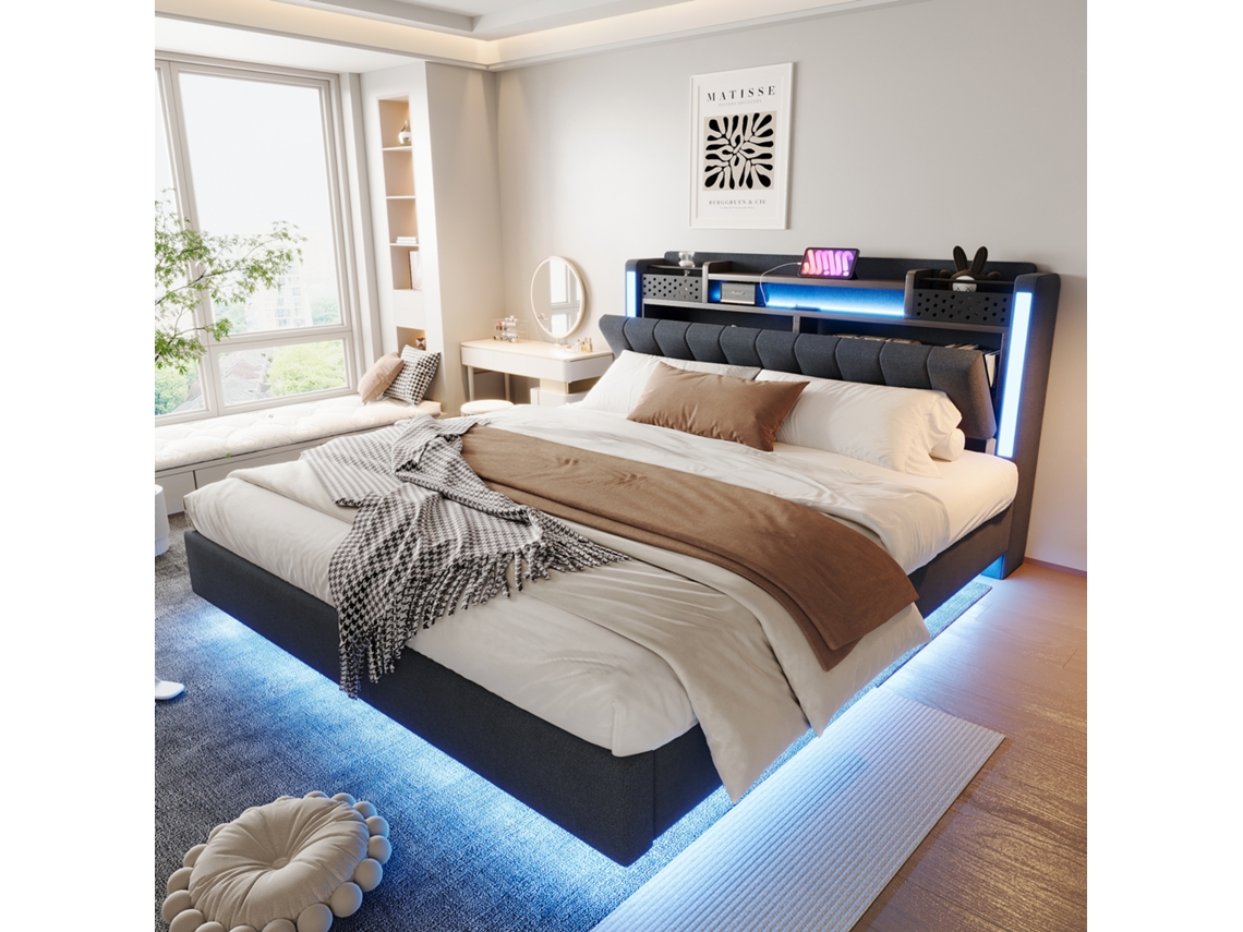Cama Suspendida De Lino Gris De 160x200 Cm Con Cabecero Led Usb Y Espacio De Almacenamiento, Estilo Moderno Para Adultos.