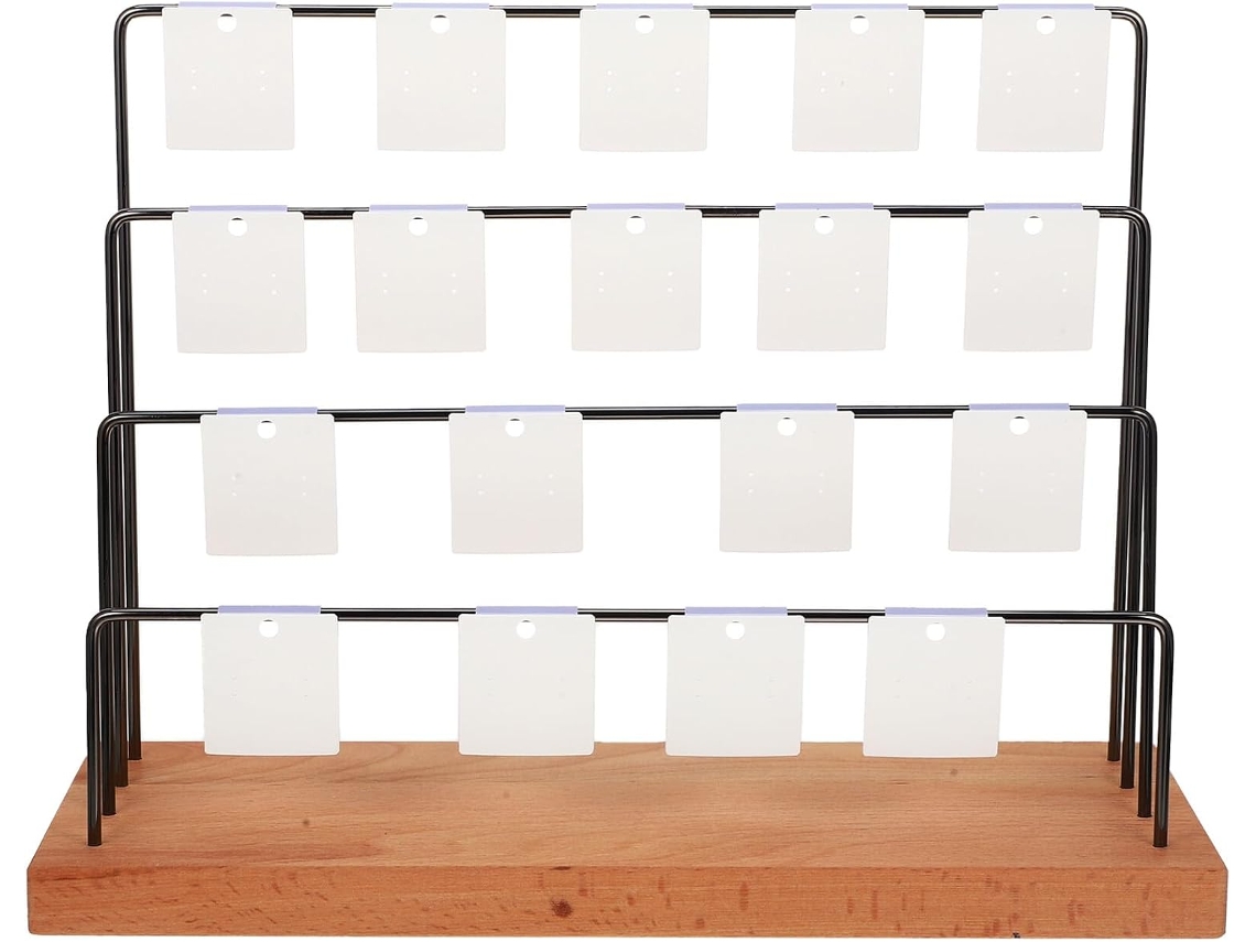Soporte Expositor De Pendientes De Madera Oscura Con Varias Capas Y Tarjetas Para Organizar Joyas.