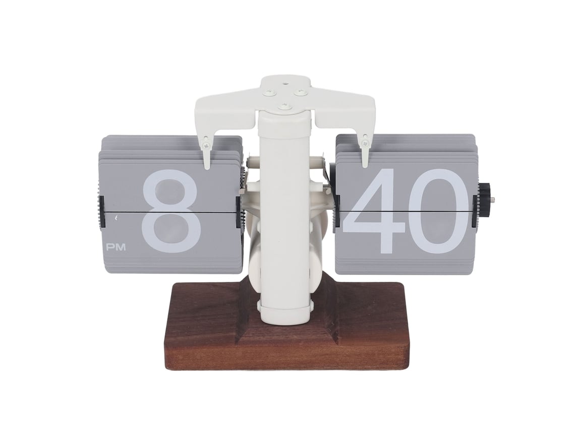 Reloj de sobremesa mecánico automático Baok de 12 horas, funciona con pilas, tiene base de madera, marco blanco y páginas grises, ideal para salón u oficina.