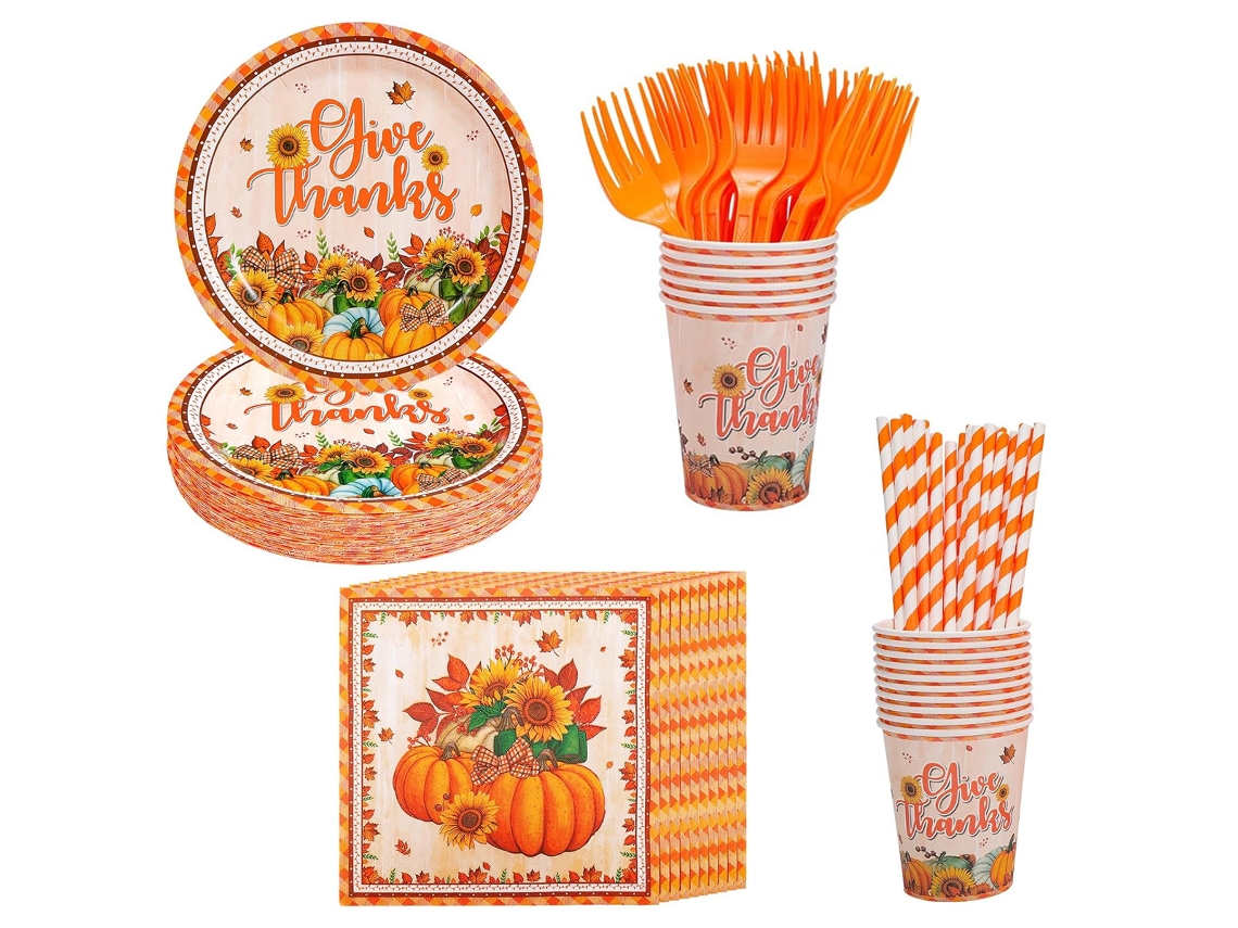 Juego de plato y servilleta de calabaza de Acción de Gracias, incluye platos, tazas y cubiertos NEVEANCE