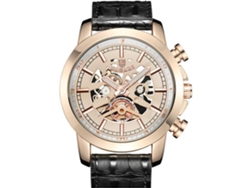 Reloj Hombre De Cuarzo Resistente Al Agua Con Correa De Cuero Pu Y Esfera Hueca (oro Rosa Negro)