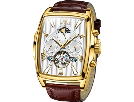 VEANXIN Mecánico Cuadrado Fase Lunar Hueco Tourbillon Semana Fecha Luminoso Reloj Impermeable para Hombre(Marrón)