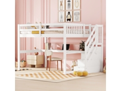 Cama alta infantil, 140x200, con almacenaje y cajones/escritorio debajo de la cama, color blanco.