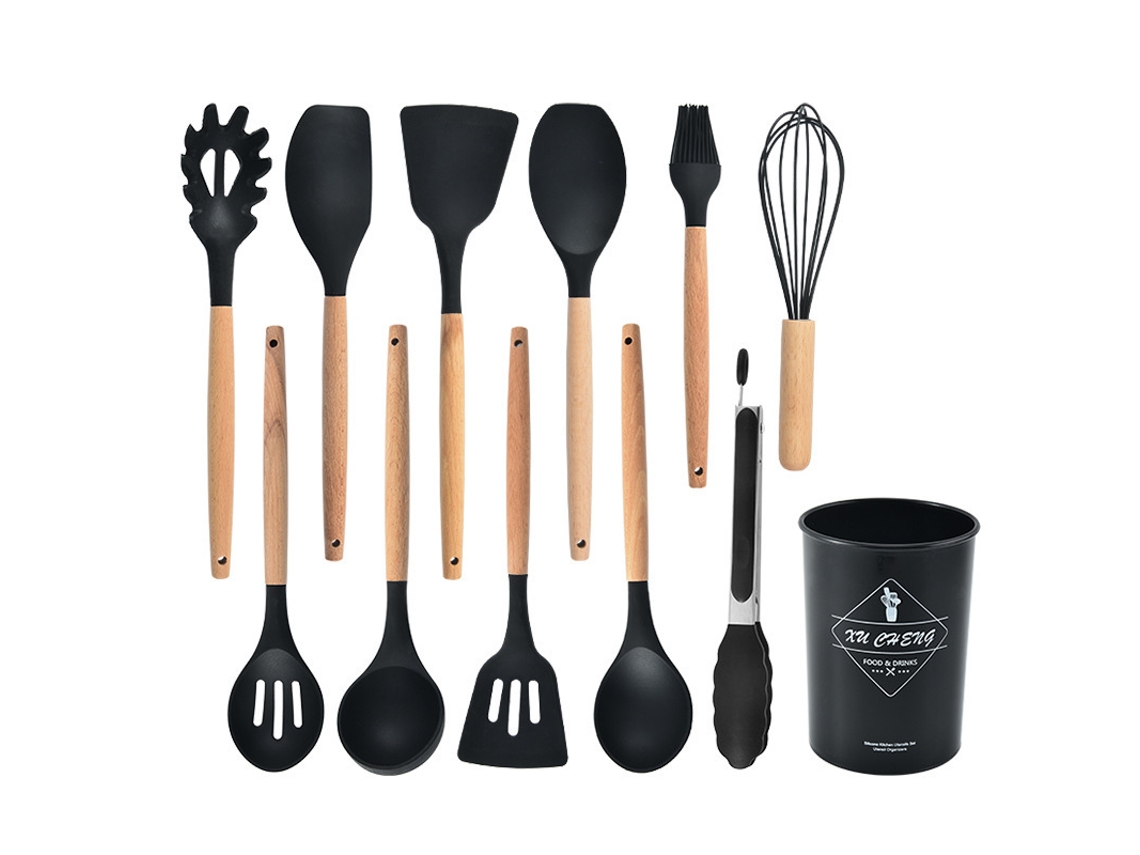 Conjunto de Utensílios de Cozinha Utensílios de Cozinha de Silicone Antiaderente Conjunto de Utensílios de Cozinha Resistente Ao Calor Preto