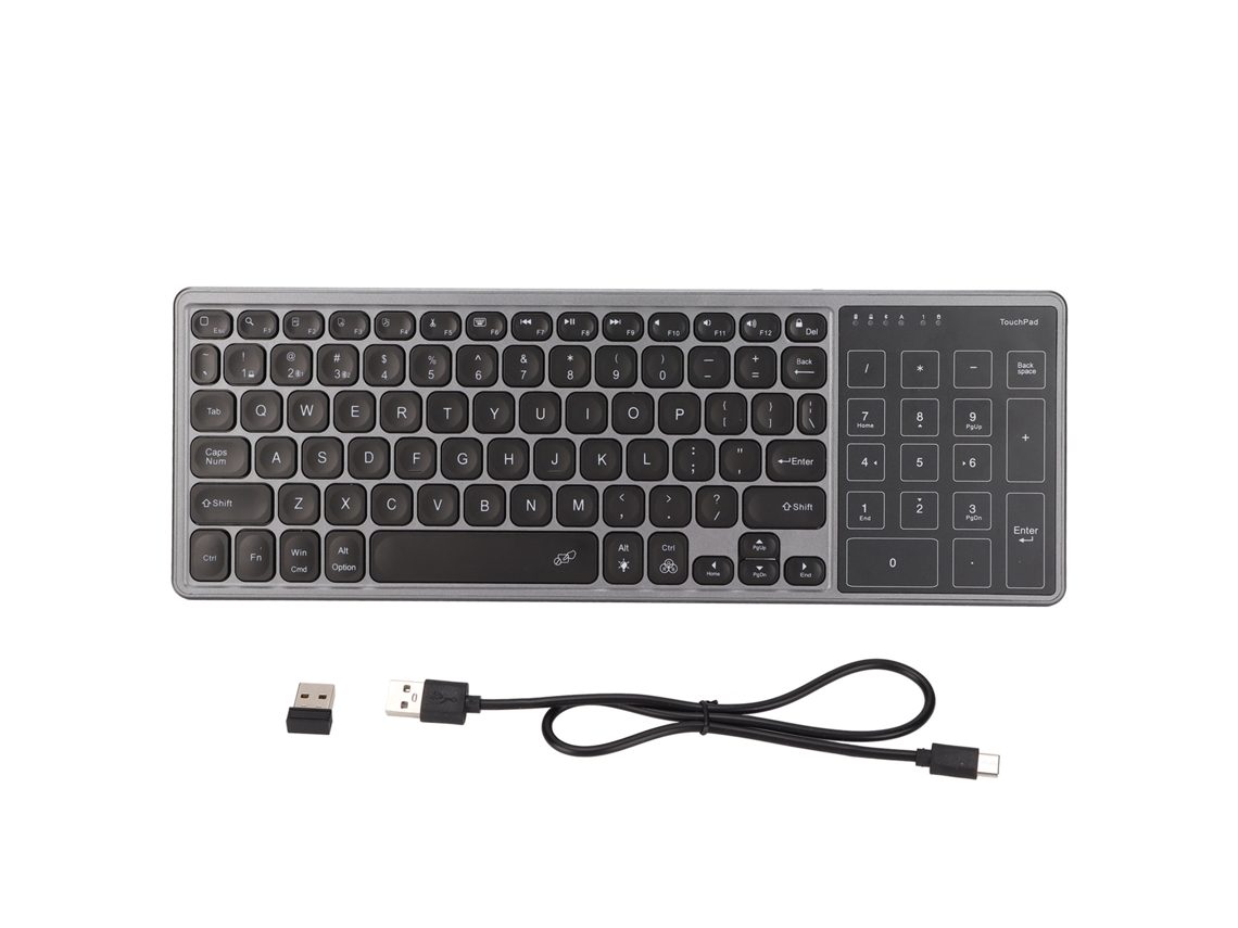 Teclado Inalámbrico Con Panel Táctil Numérico, 2,4 Ghz, Portátil, Rgb, Plug And Play, Gris.