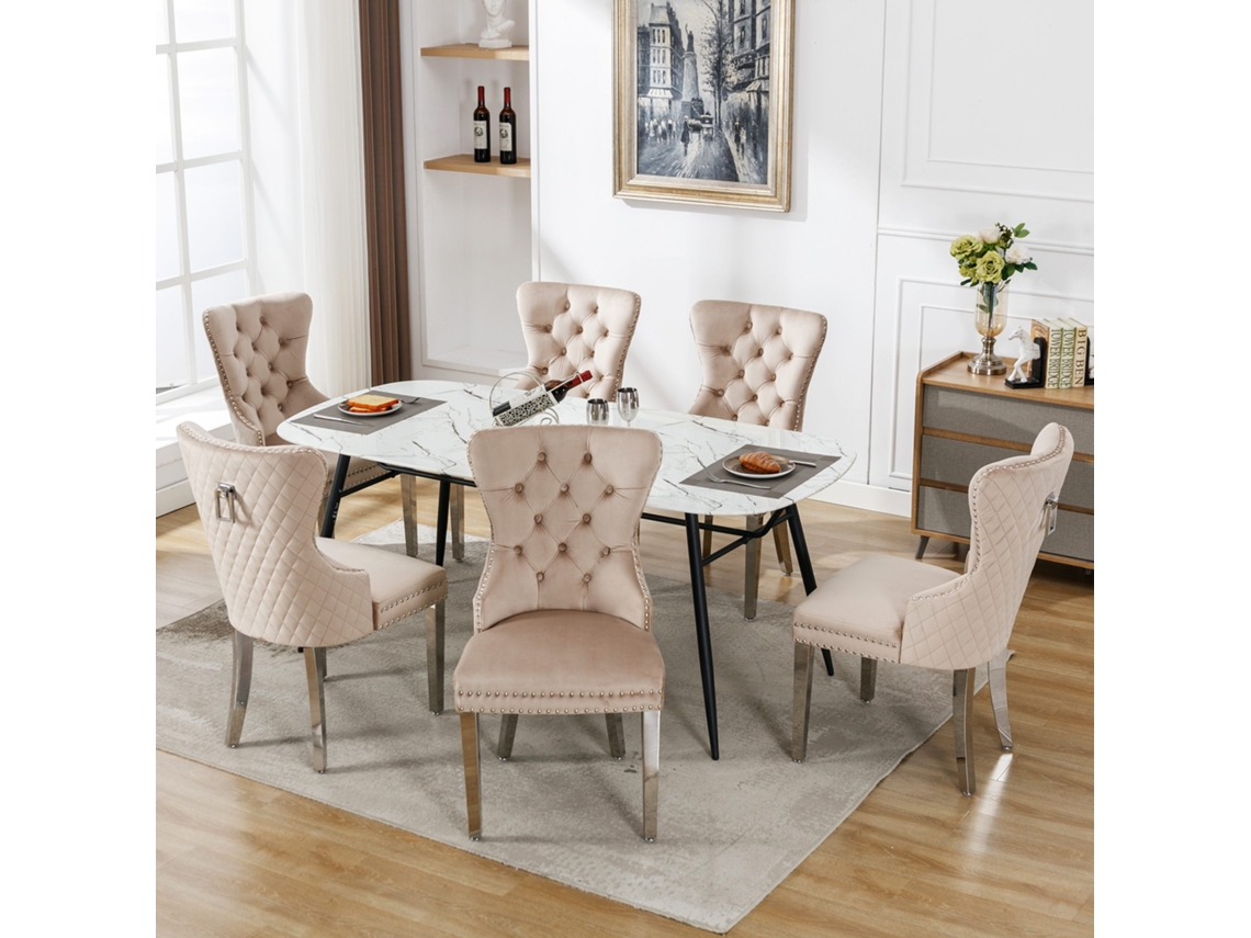 Juego de 6 sillas de terciopelo con patas de metal beige