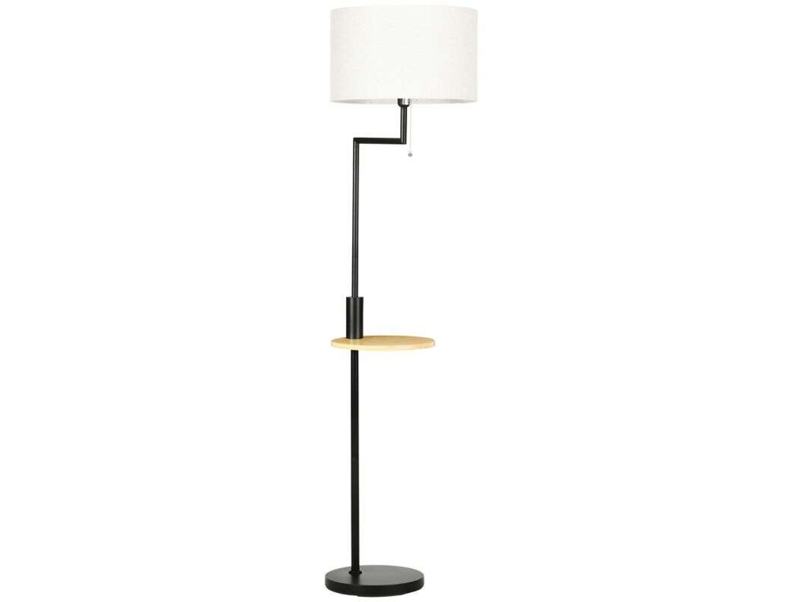 Lámpara De Pie Con Estante Integrado, Lámpara De Sobremesa, Tirador De Cadena, Casquillo E27, 40w, Bambú, Natural + Negro.