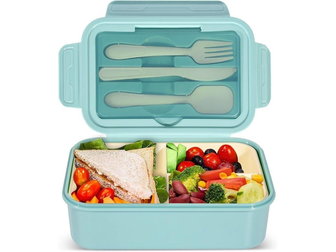 Fiambrera Bento De 1400 Ml Con 3 Compartimentos, Libre De Bpa, Azul, Para Adultos Y Niños.