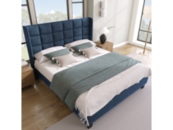 Cama Doble De Lino Azul, 140x200 Cm, Cabecero Acolchado, Somier De Láminas.