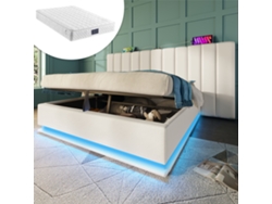 Cama Doble 160x200cm Lino, Led Con App, Carga Usb-c, Almacenamiento Hidráulico, Base De Lamas Incluida, Robusta 200kg, Blanca