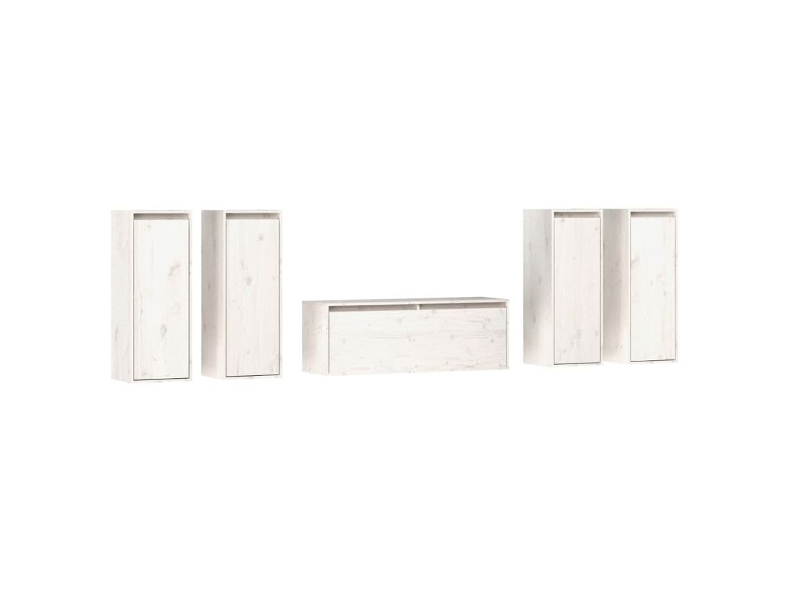 Mueble de TV de 5 piezas, madera maciza de pino, blanco, EXCLUSIVO DE LA CASA
