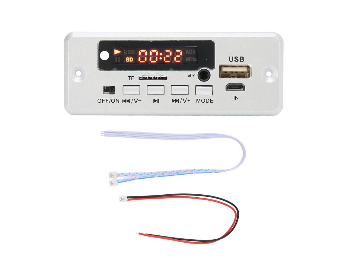 Placa decodificadora MP3 de 12 V y 2 canales con entrada auxiliar, puerto USB y compatibilidad con tarjetas de memoria y memorias USB.