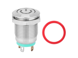 Pulsador metálico con LED verde, reinicio automático, símbolo de encendido, 12 mm, 24 V, 1 NO, resistente al agua, plateado