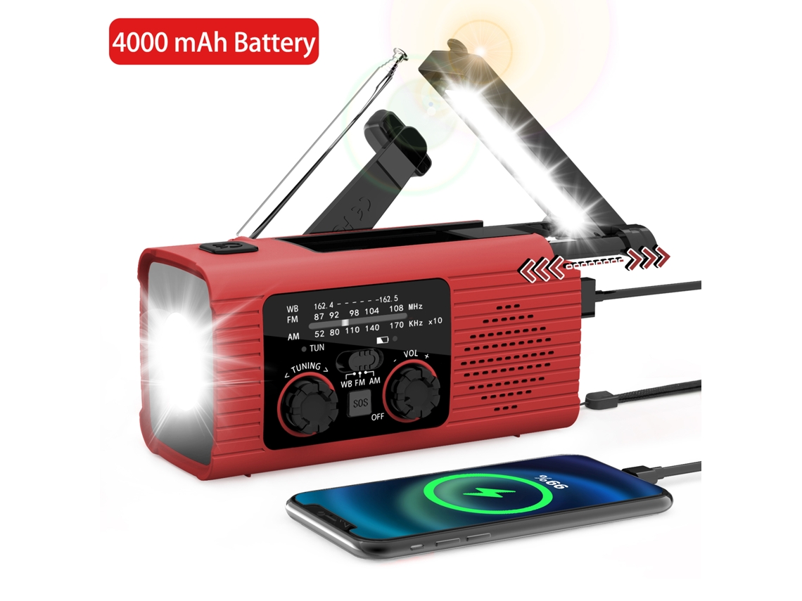 Radio de emergencia portátil de 4000 mAh con luz LED, carga solar y USB, ideal para acampar y usar al aire libre en situaciones de emergencia. Viewleaf