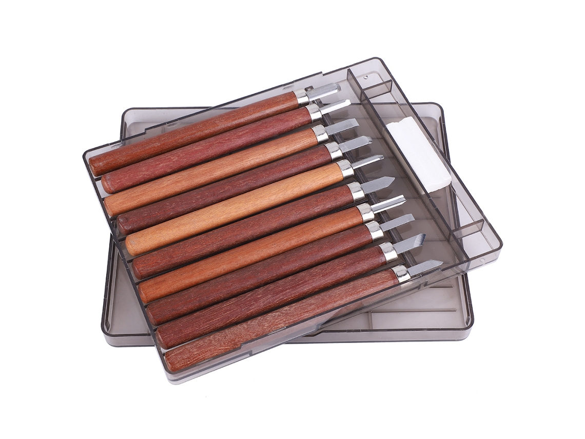 Juego De 10 Buriles Para Tallar Madera, De Acero De Alto Carbono Con Mango De Palisandro Y Rueda De Lijado.