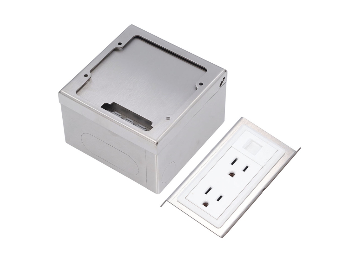 Caja de enchufes de suelo con 2 tomas de 15 A y 1 puerto para ordenador, acero inoxidable