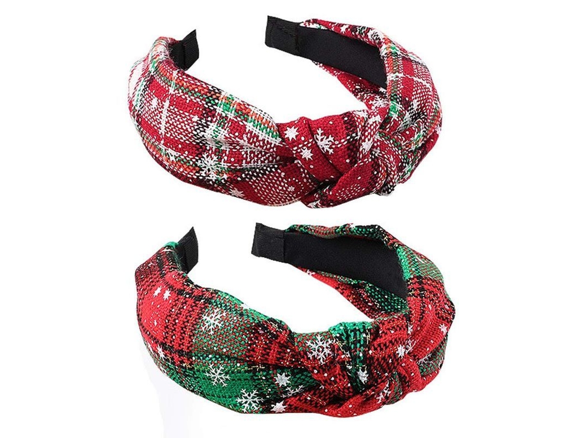 Conjunto De Tiara Navideña De 2 Piezas Con Nudo Y Hielo Y Estampado A Cuadros Para Mujeres Y Niñas.