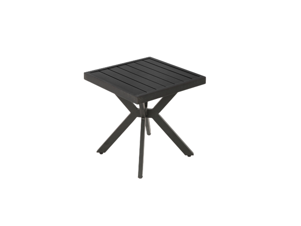 Mesa auxiliar cuadrada de aluminio, adecuada para balcones, áreas de piscina y uso en interiores.