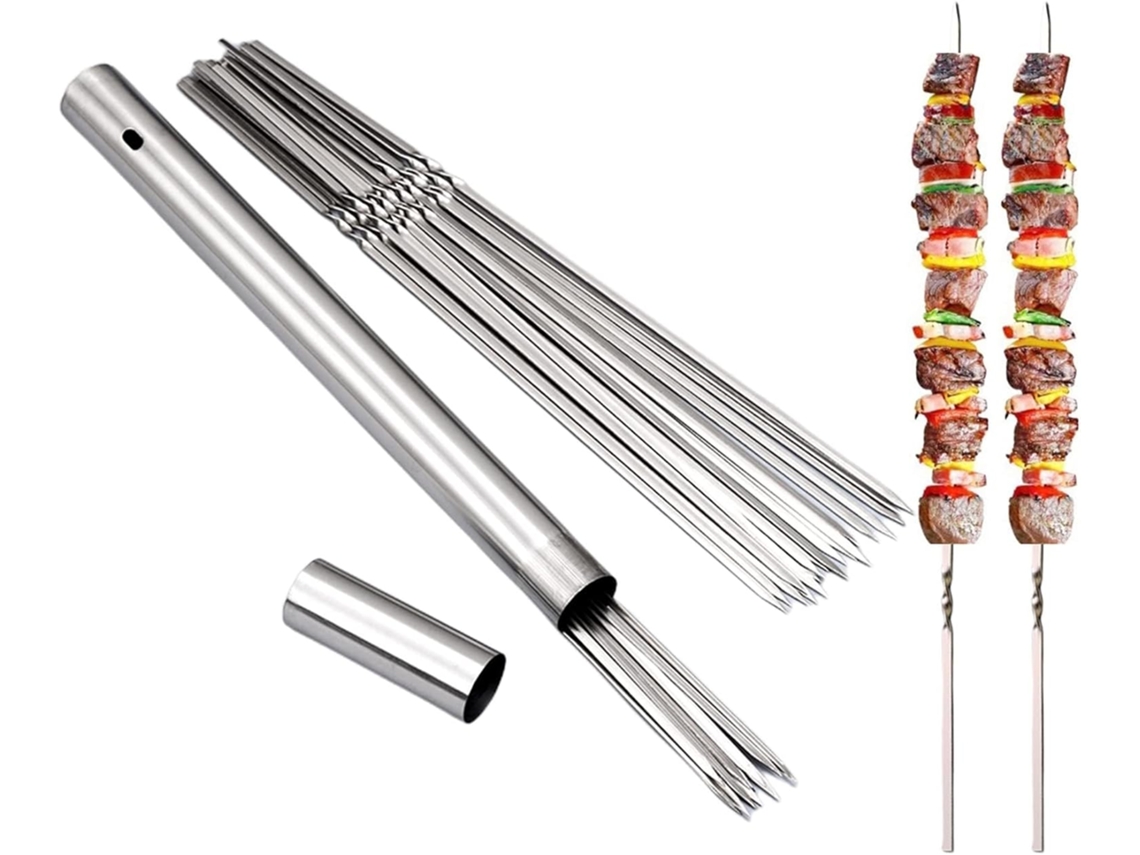 20 brochetas de acero inoxidable 304 para barbacoa - Planas, 33,5 cm - Con tubo metálico de almacenamiento