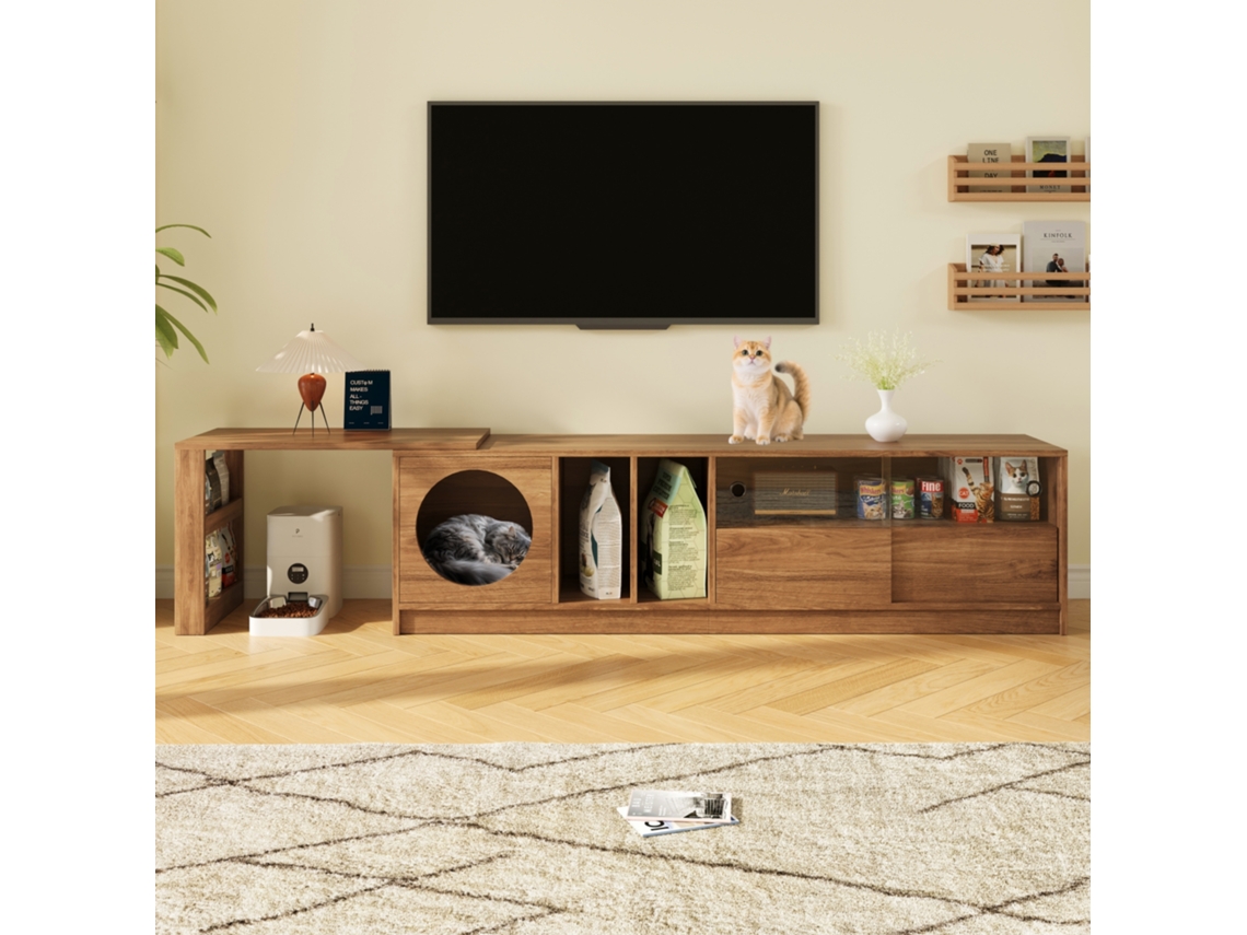 Mueble De Tv Giratorio Y Extensible En Nogal, 180x40x50 Cm, Vidrio Templado, Espacio Para Gatos, Hasta 260 Cm, Ideal Para Pantallas Grandes