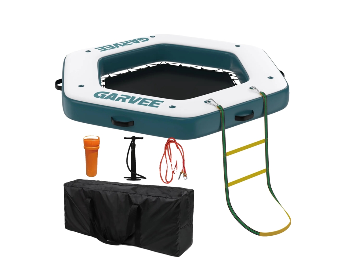 Muelle flotante inflable, material de PVC duradero, diseño interconectable, azul.