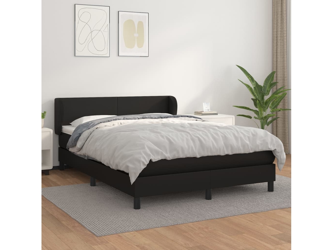 Cama Box Spring Con Colchón Cuero Sintético Negro 140x200cm