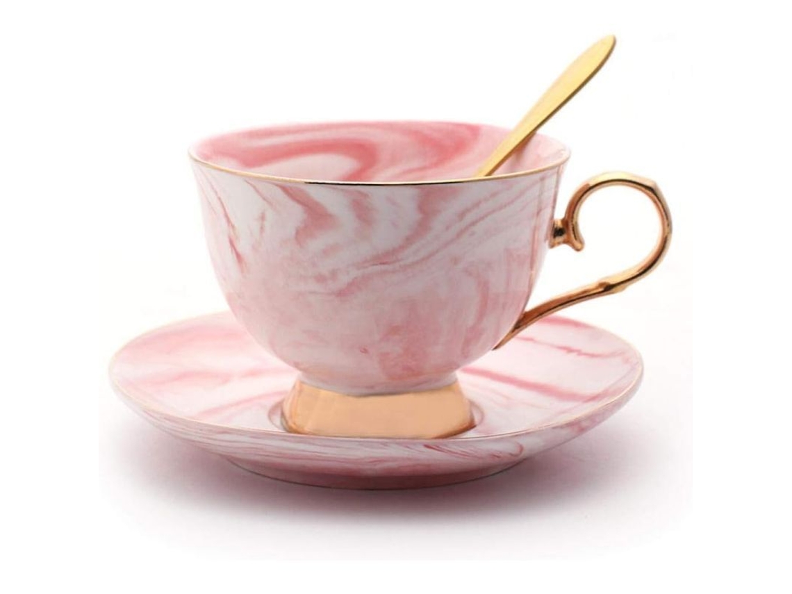 2026da-taza De Café Y Té De Porcelana Fina Con Platillo Y Cuchara Borde Dorado Rosa 200ml