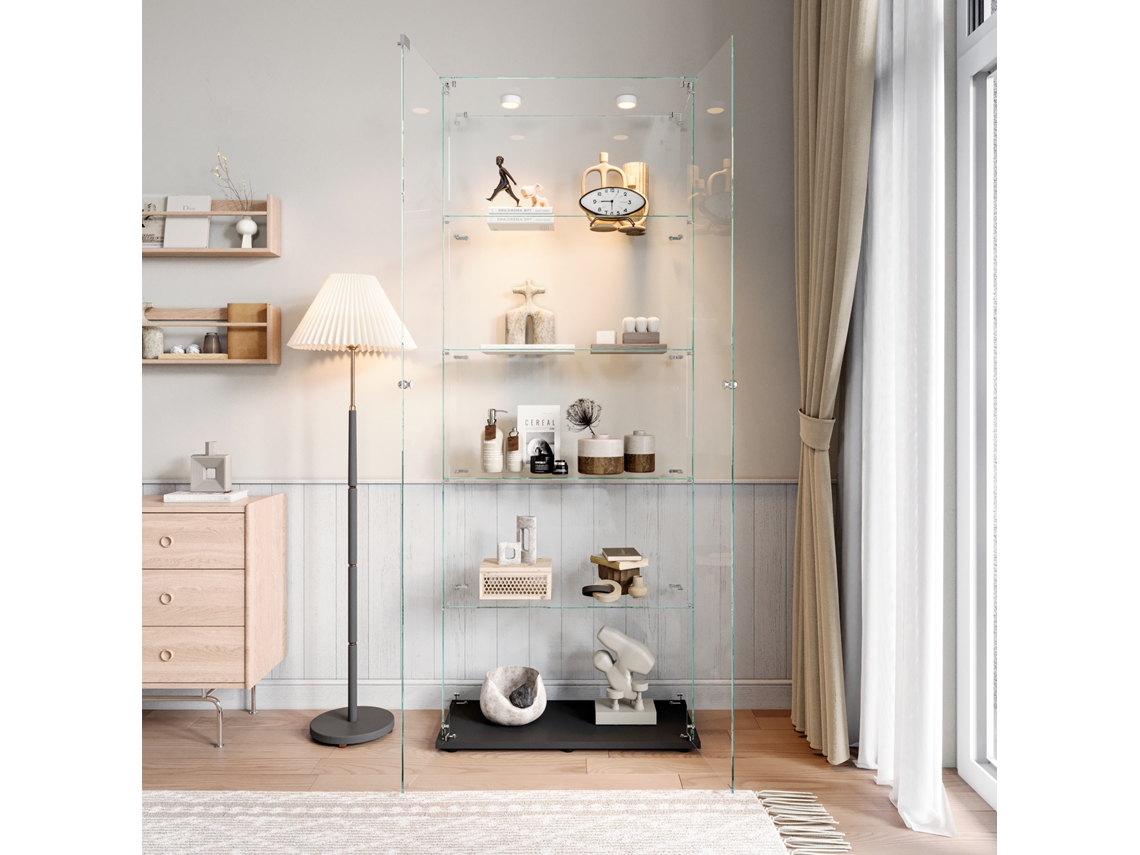 Vitrina de cristal con 5 estantes y compartimento de almacenamiento seguro e iluminación para sala de estar, oficina y colecciones, color negro Rosahqnda