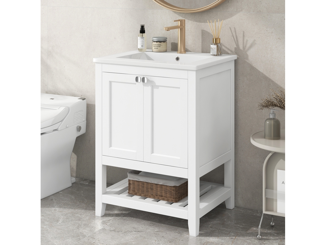 Mueble de baño con lavabo de cerámica, 2 puertas y repisa inferior, color blanco (grifo no incluido)